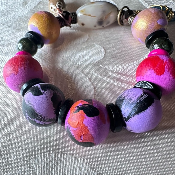 Artisan Charm Bracelet Montana Moss Agate Hand Painted Wood Beads, Glass 00815 P - Picture 4 of 9